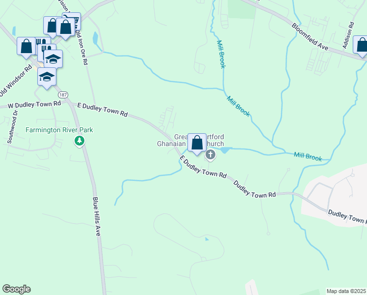 map of restaurants, bars, coffee shops, grocery stores, and more near 60 East Dudley Town Road in Bloomfield