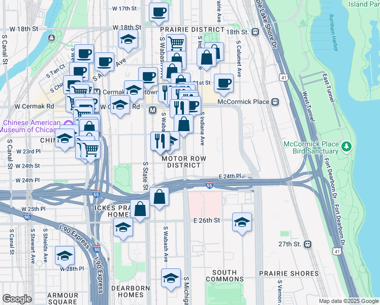 map of restaurants, bars, coffee shops, grocery stores, and more near 2337 South Michigan Avenue in Chicago