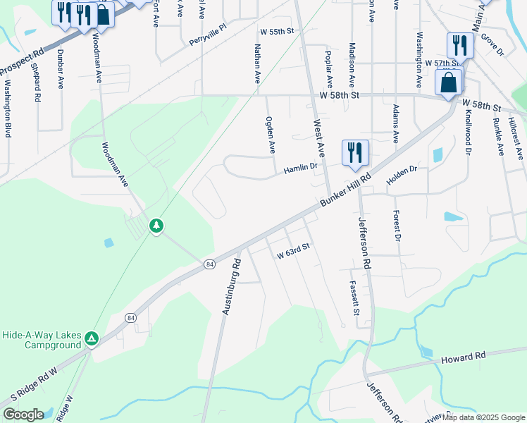 map of restaurants, bars, coffee shops, grocery stores, and more near 1211 Bunker Hill Road in Ashtabula
