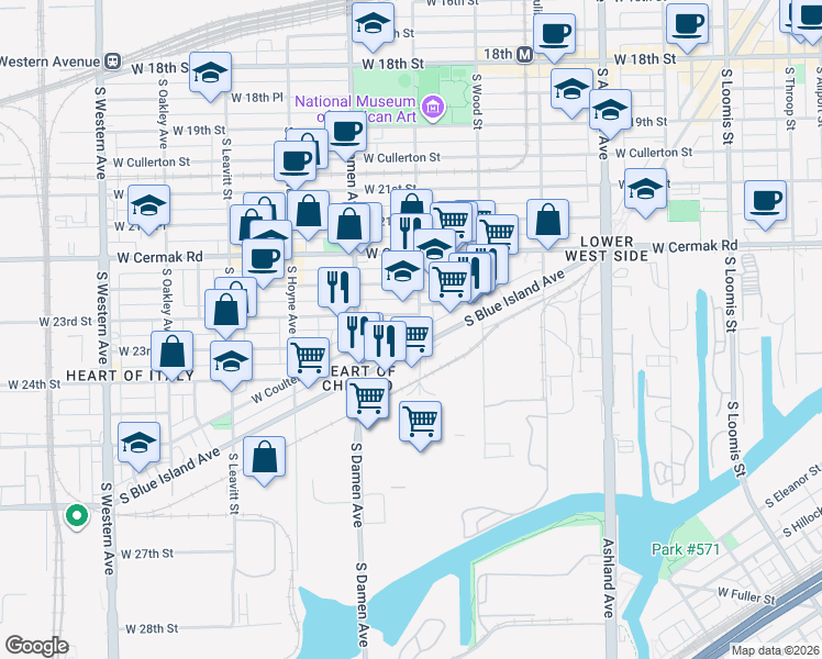 map of restaurants, bars, coffee shops, grocery stores, and more near 2324 South Wolcott Avenue in Chicago