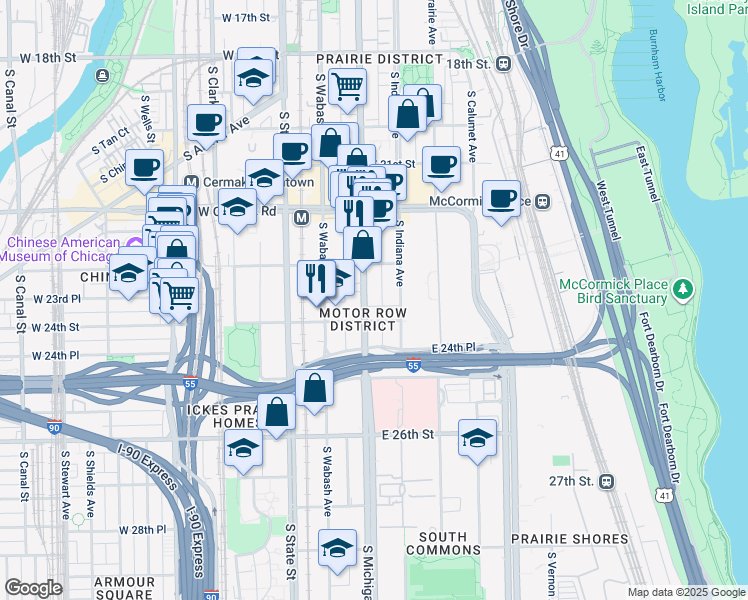 map of restaurants, bars, coffee shops, grocery stores, and more near 2337 South Michigan Avenue in Chicago