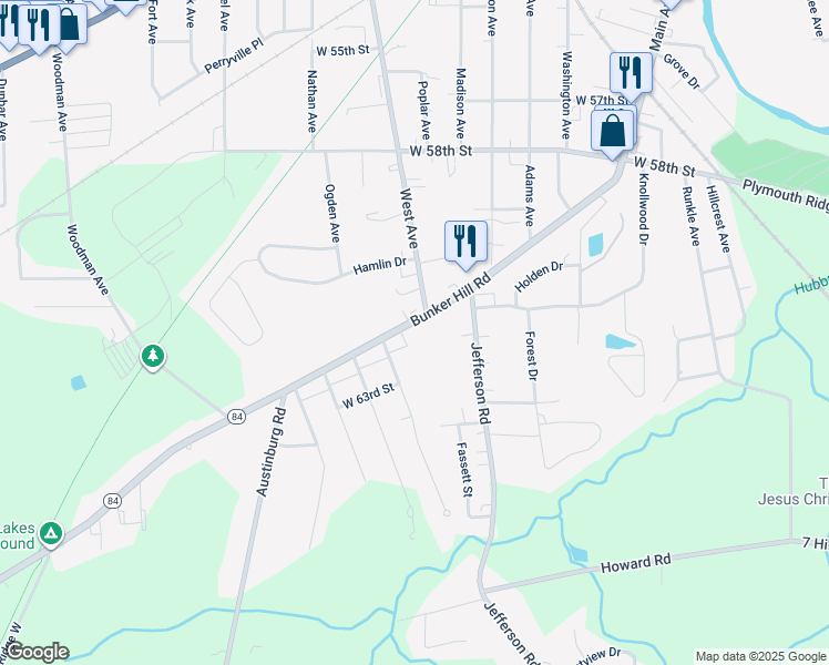 map of restaurants, bars, coffee shops, grocery stores, and more near 1020 Bunker Hill Road in Ashtabula