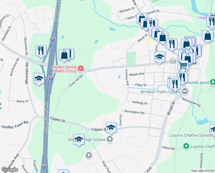 map of restaurants, bars, coffee shops, grocery stores, and more near 30 Parkwood Drive in Windsor