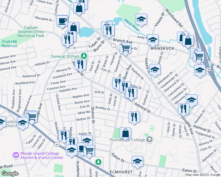 map of restaurants, bars, coffee shops, grocery stores, and more near 715 Admiral Street in Providence
