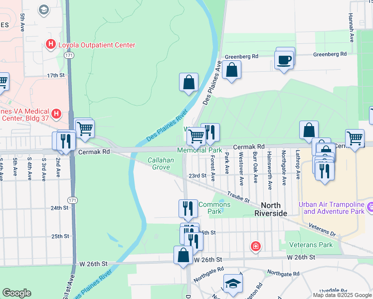 map of restaurants, bars, coffee shops, grocery stores, and more near W Cermak Rd & Des Plaines Ave in Forest Park