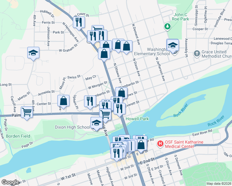 map of restaurants, bars, coffee shops, grocery stores, and more near 414 North Galena Avenue in Dixon