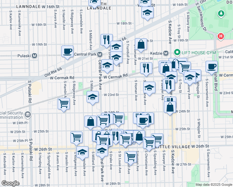 map of restaurants, bars, coffee shops, grocery stores, and more near 2258 South Saint Louis Avenue in Chicago