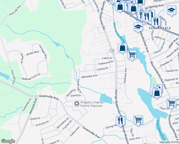 map of restaurants, bars, coffee shops, grocery stores, and more near 35 Colony Dr in Johnston