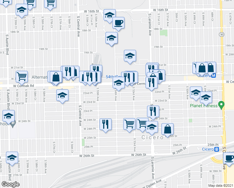 map of restaurants, bars, coffee shops, grocery stores, and more near 2227 South 54th Avenue in Cicero