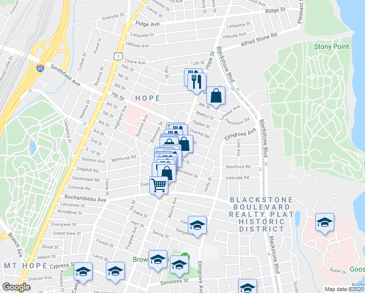 map of restaurants, bars, coffee shops, grocery stores, and more near in Providence