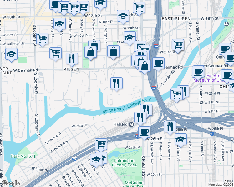 map of restaurants, bars, coffee shops, grocery stores, and more near in Chicago