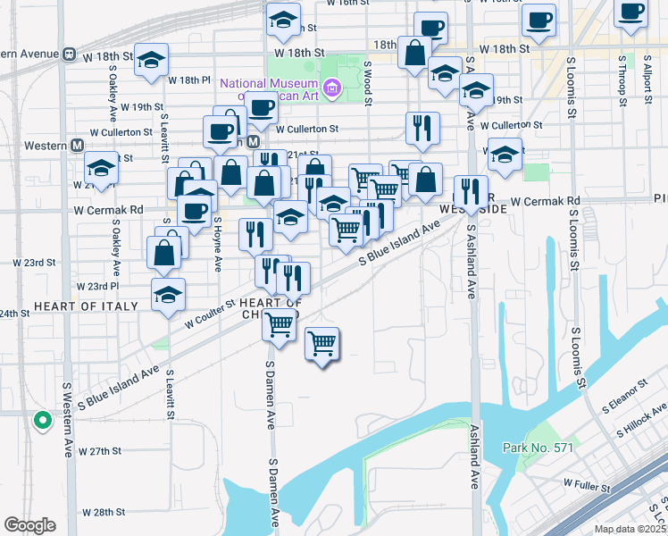 map of restaurants, bars, coffee shops, grocery stores, and more near 2320 South Blue Island Avenue in Chicago