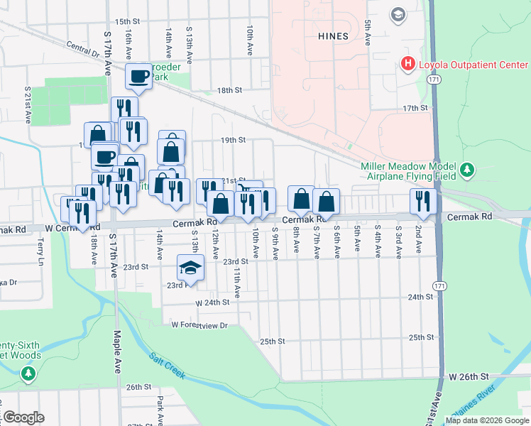 map of restaurants, bars, coffee shops, grocery stores, and more near 901 Cermak Road in Broadview