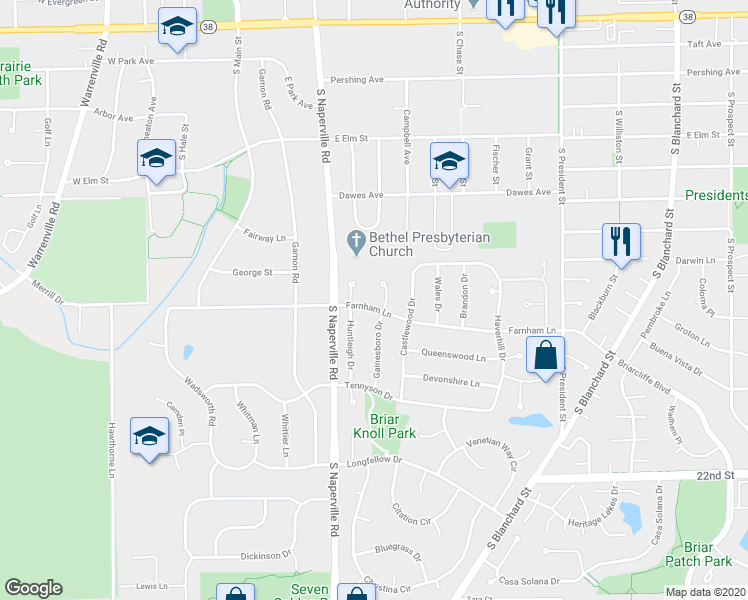 map of restaurants, bars, coffee shops, grocery stores, and more near 461 Farnham Lane in Wheaton