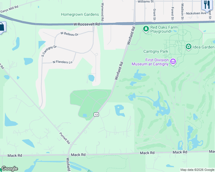 map of restaurants, bars, coffee shops, grocery stores, and more near 1S370 Winfield Road in Warrenville