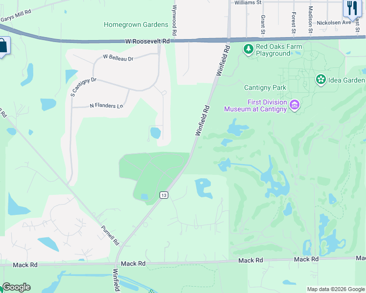 map of restaurants, bars, coffee shops, grocery stores, and more near 1S370 Winfield Road in Warrenville