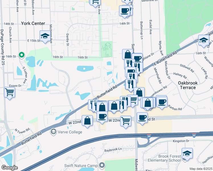 map of restaurants, bars, coffee shops, grocery stores, and more near 17W730 Butterfield Road in Oakbrook Terrace