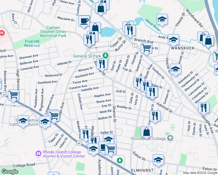 map of restaurants, bars, coffee shops, grocery stores, and more near 14 Isabella Avenue in Providence