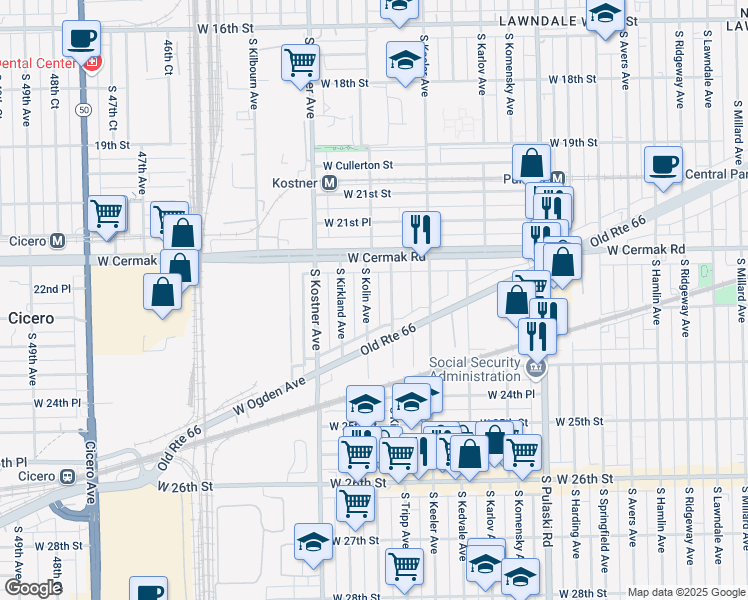 map of restaurants, bars, coffee shops, grocery stores, and more near 2245 South Kolin Avenue in Chicago