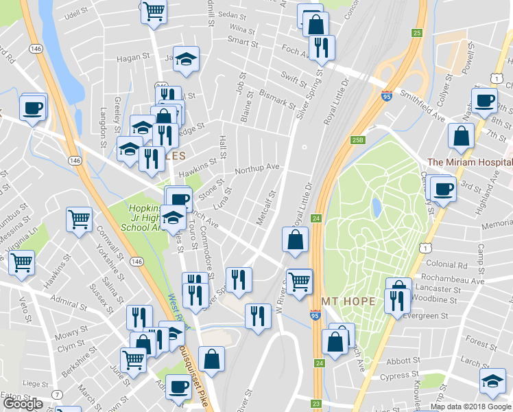 map of restaurants, bars, coffee shops, grocery stores, and more near 30 Grafton Street in Providence