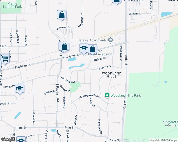 map of restaurants, bars, coffee shops, grocery stores, and more near 201 Violet Lane in Batavia