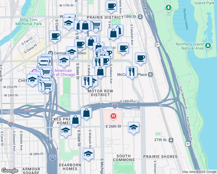 map of restaurants, bars, coffee shops, grocery stores, and more near 2334 South Indiana Avenue in Chicago