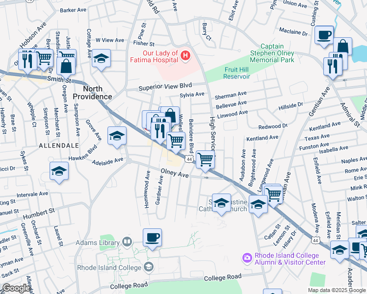 map of restaurants, bars, coffee shops, grocery stores, and more near 25 Wellesley Avenue in North Providence