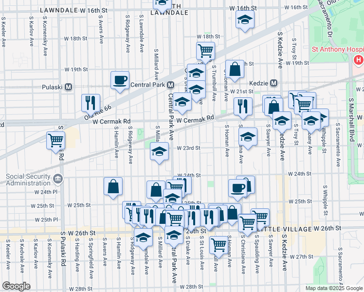 map of restaurants, bars, coffee shops, grocery stores, and more near 2258 South Drake Avenue in Chicago