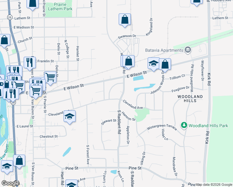 map of restaurants, bars, coffee shops, grocery stores, and more near 151 S Raddant Rd in Batavia
