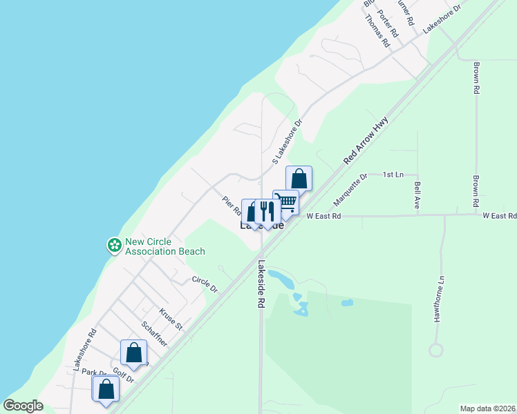 map of restaurants, bars, coffee shops, grocery stores, and more near 14874 Lakeside Road in Lakeside