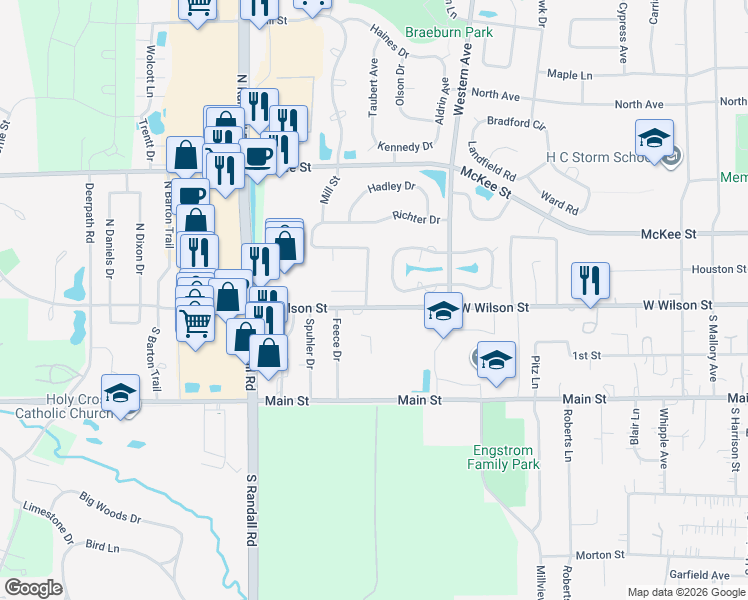 map of restaurants, bars, coffee shops, grocery stores, and more near 8 Saratoga Drive in Batavia