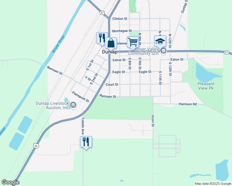 map of restaurants, bars, coffee shops, grocery stores, and more near 607 Remsen Street in Dunlap