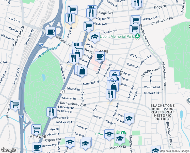 map of restaurants, bars, coffee shops, grocery stores, and more near 100 3rd Street in Providence