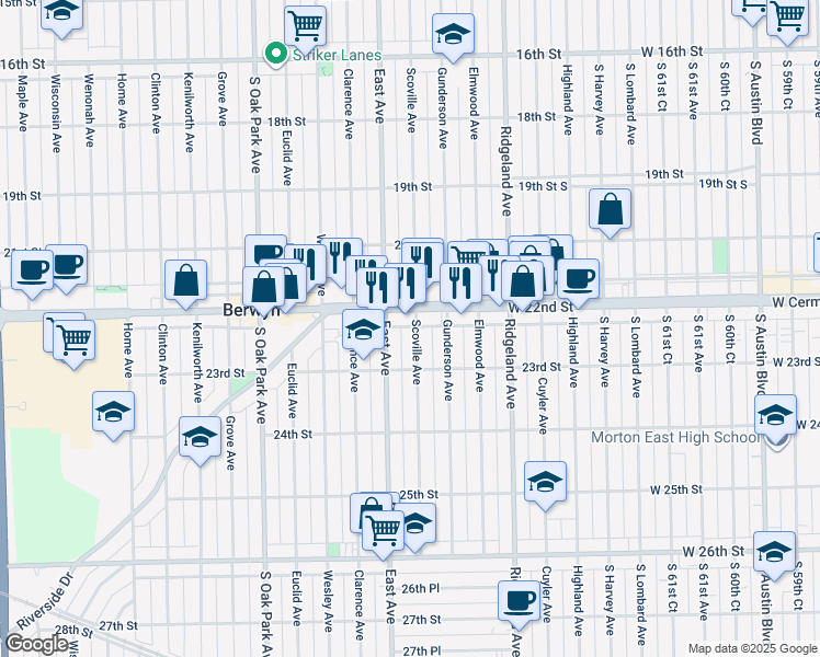 map of restaurants, bars, coffee shops, grocery stores, and more near 2212 Scoville Avenue in Berwyn