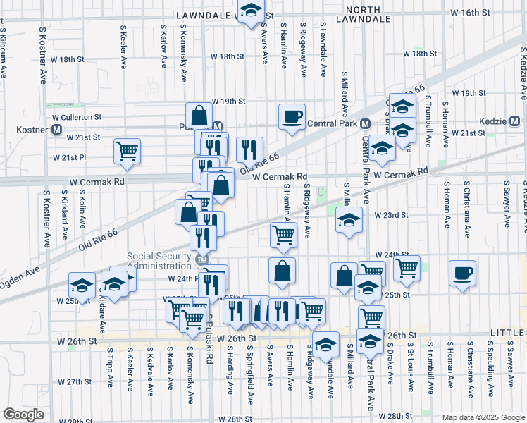 map of restaurants, bars, coffee shops, grocery stores, and more near 2252 South Avers Avenue in Chicago