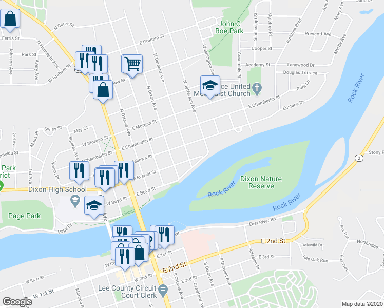 map of restaurants, bars, coffee shops, grocery stores, and more near 507 East Everett Street in Dixon