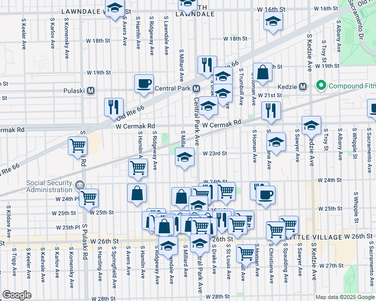 map of restaurants, bars, coffee shops, grocery stores, and more near 2255 South Millard Avenue in Chicago