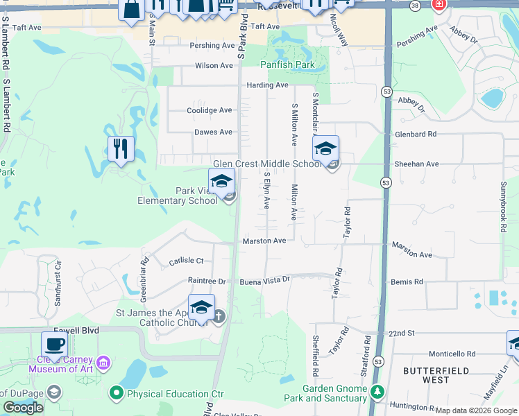 map of restaurants, bars, coffee shops, grocery stores, and more near 256 South Ellyn Avenue in Glen Ellyn