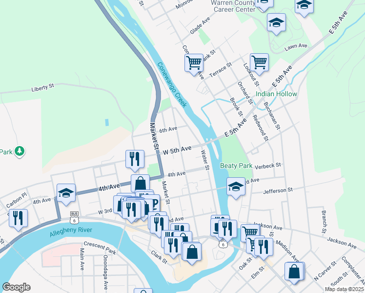 map of restaurants, bars, coffee shops, grocery stores, and more near 24 West 5th Avenue in Warren
