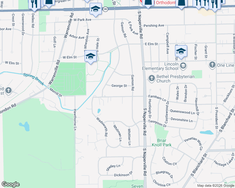 map of restaurants, bars, coffee shops, grocery stores, and more near 113 East Farnham Lane in Wheaton