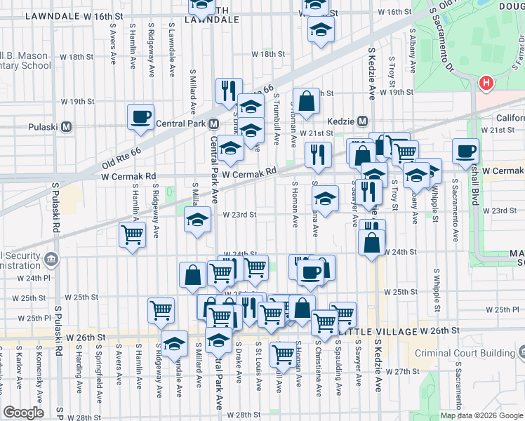 map of restaurants, bars, coffee shops, grocery stores, and more near 2258 South Saint Louis Avenue in Chicago