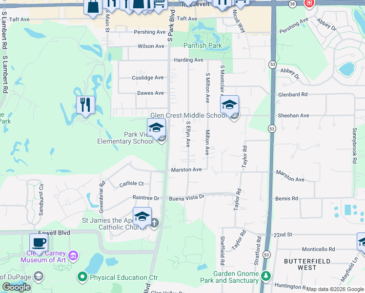 map of restaurants, bars, coffee shops, grocery stores, and more near 256 South Ellyn Avenue in Glen Ellyn