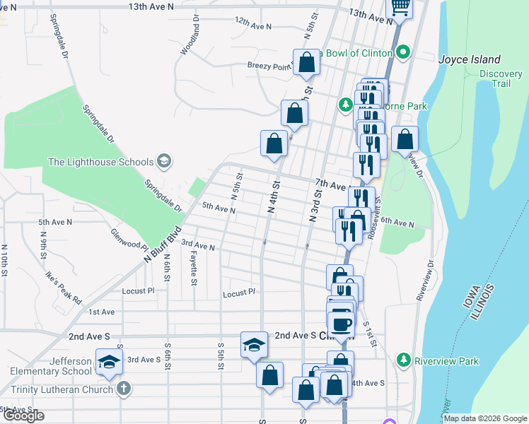 map of restaurants, bars, coffee shops, grocery stores, and more near 426 5th Avenue North in Clinton
