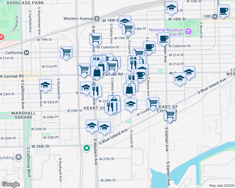map of restaurants, bars, coffee shops, grocery stores, and more near 2245 West 23rd Street in Chicago