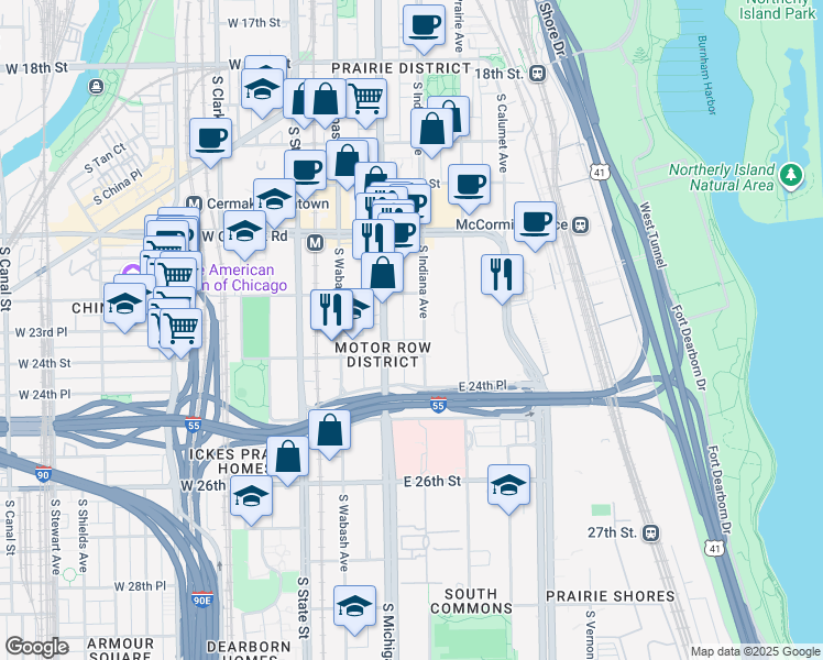 map of restaurants, bars, coffee shops, grocery stores, and more near 2334 South Indiana Avenue in Chicago
