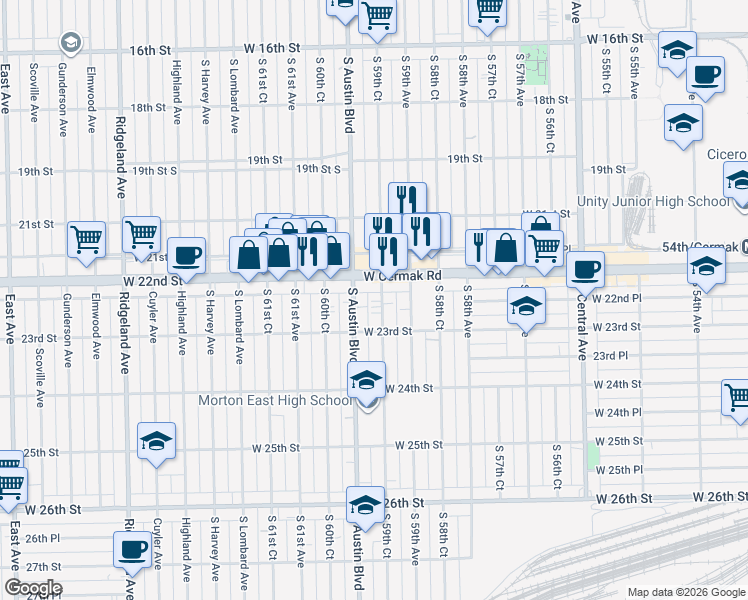 map of restaurants, bars, coffee shops, grocery stores, and more near 2216 S 59th Ct in Cicero
