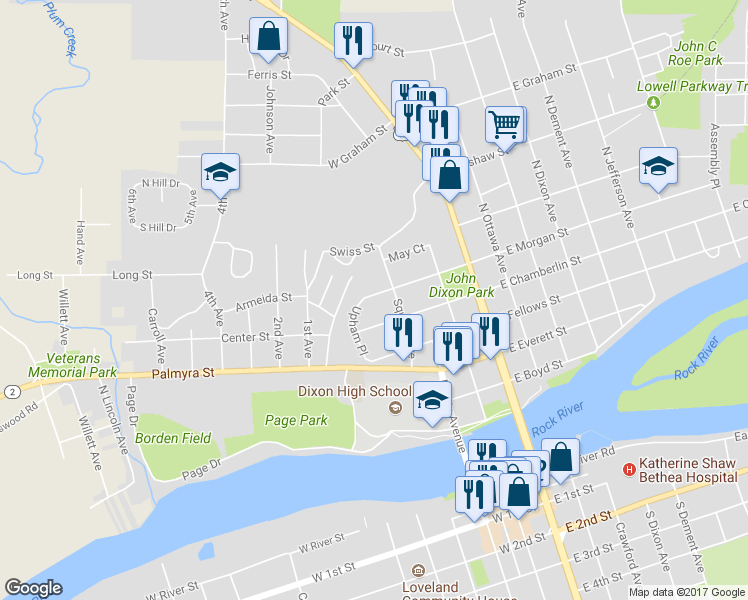 map of restaurants, bars, coffee shops, grocery stores, and more near 318 West Morgan Street in Dixon
