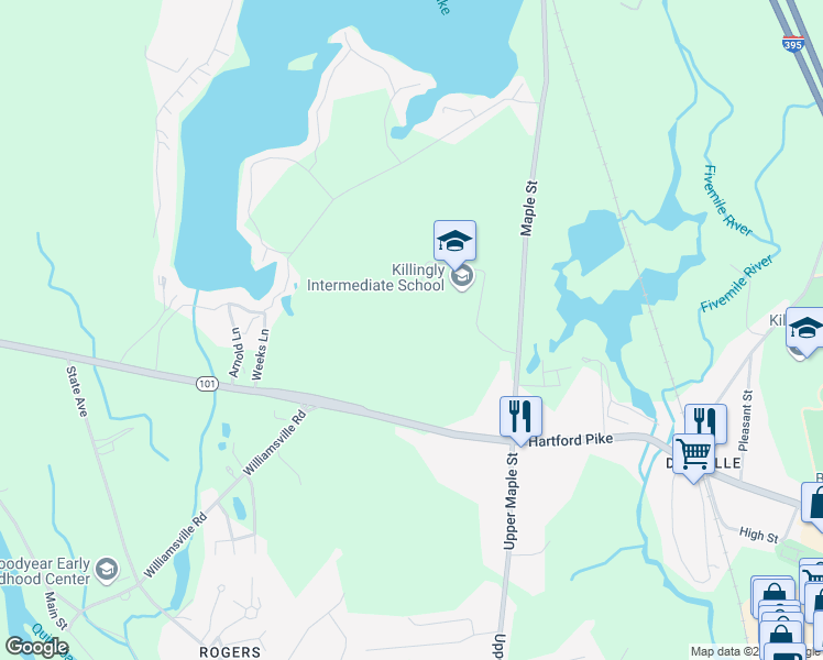 map of restaurants, bars, coffee shops, grocery stores, and more near 1599 Upper Maple Street in Killingly