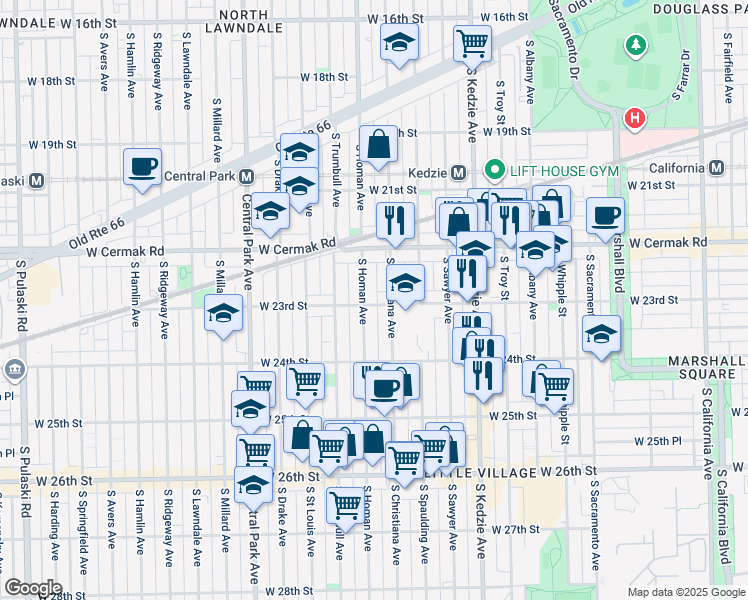 map of restaurants, bars, coffee shops, grocery stores, and more near 3350 West 23rd Street in Chicago