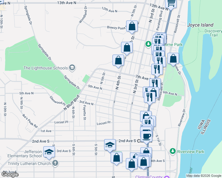 map of restaurants, bars, coffee shops, grocery stores, and more near 414 5th Avenue North in Clinton